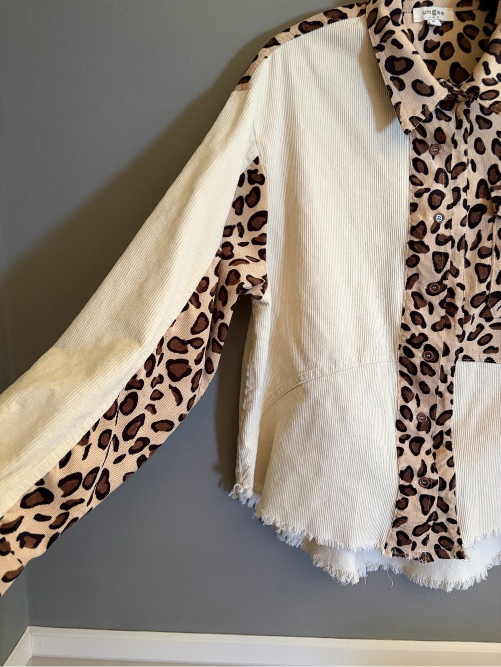 Umgee Leopard & Cream Patchwork Corduroy Shacket Raw Hem Oversized Western Boho - Picture 2 of 12